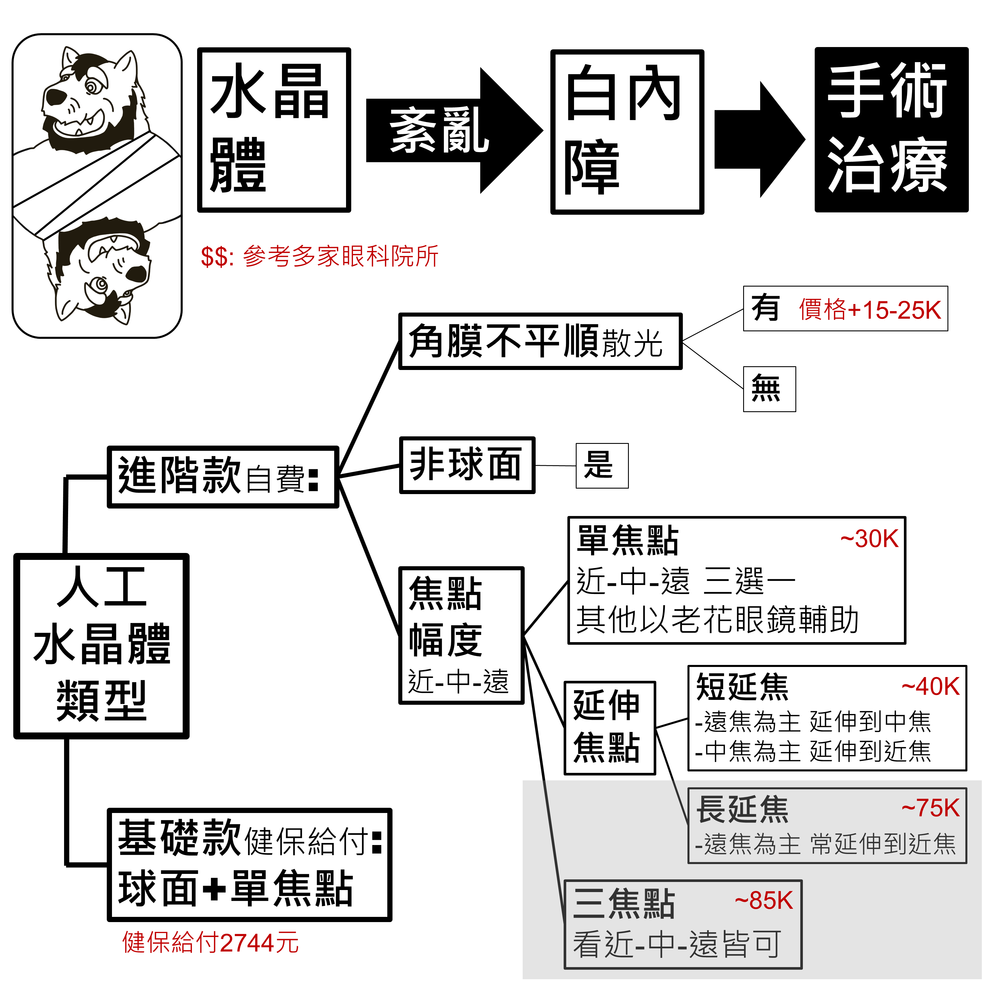 人工水晶體類型：健保給付的基礎款球面單焦點，以及自費進階款的散光矯正、非球面、單焦點、短延焦、長延焦與三焦點價格；費用參考多家眼科院所
