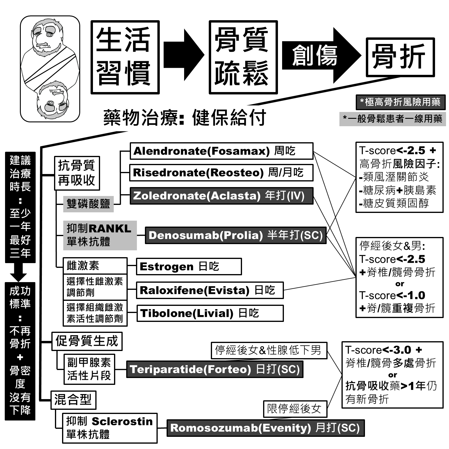 骨質疏鬆藥物治療健保給付條件與用藥分類